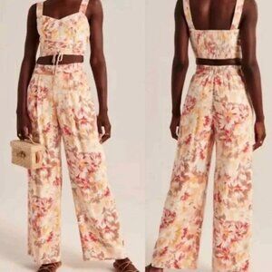 Abercrombie Linen Floral Stretch Pants Wide Leg